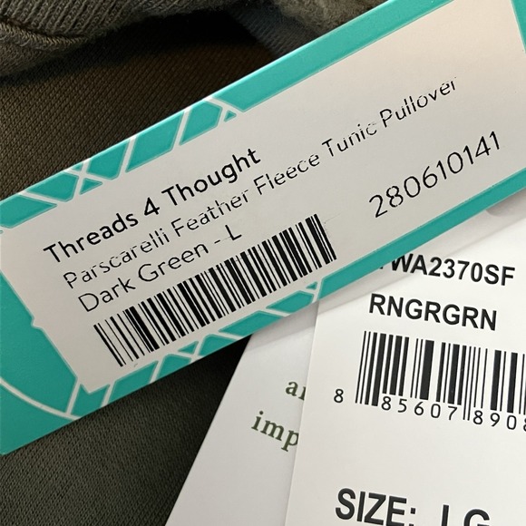 Threads 4 Thought Sweatshirt Womens Sz Large Green Tunic Pullover Feather Fleece - Picture 5 of 8